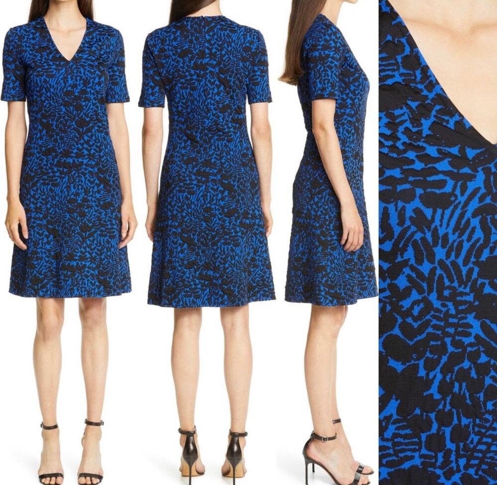 St John Sz 8 Blue Black Textured Floral V Neck Short Sleeve Fit & Flare Back Zip